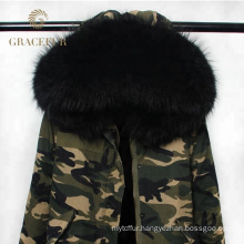 wholesale woman winter real fur lined parka jacket army green fur hood